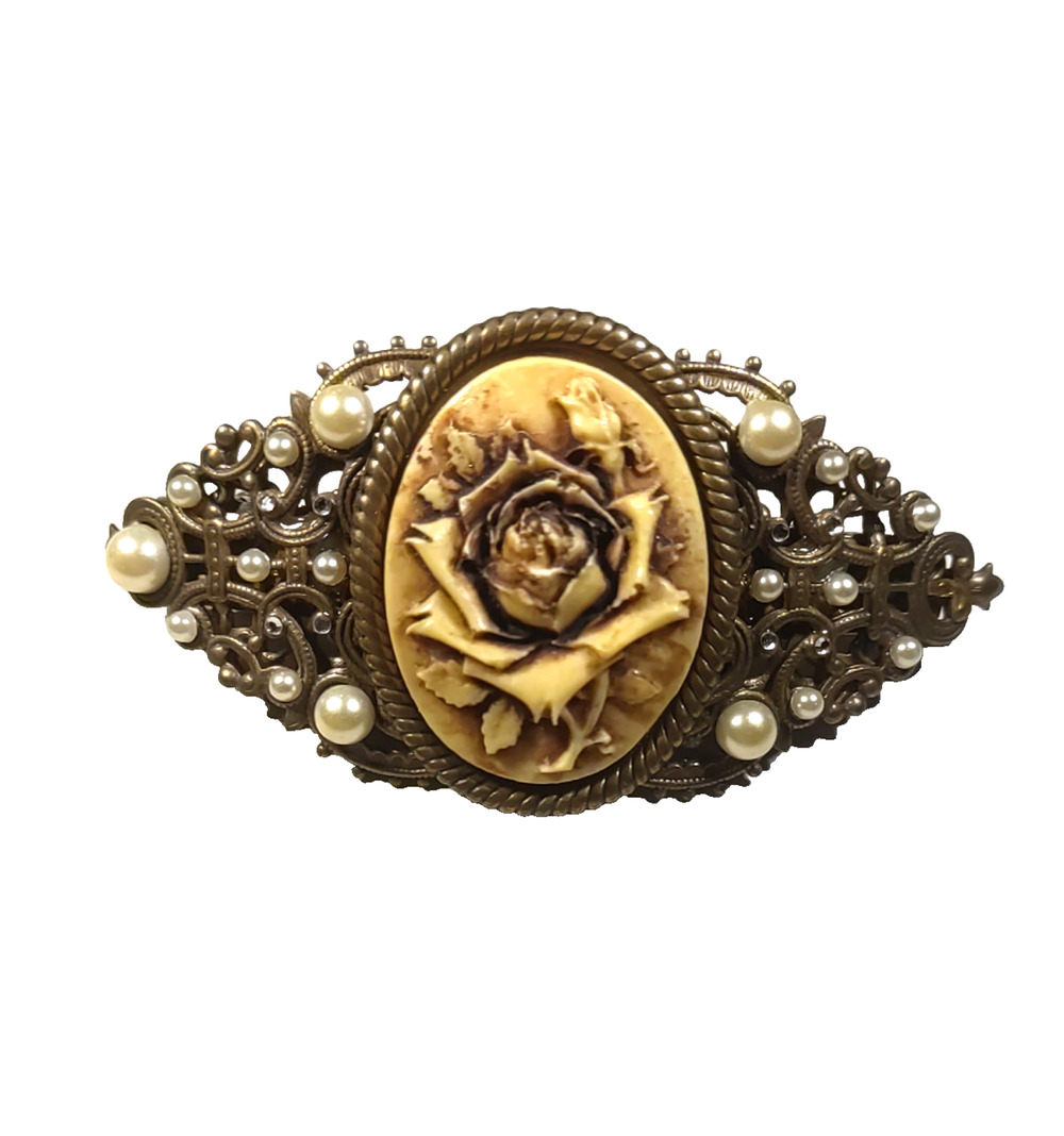 Hidden Heart Rose Cameo Barrette Tension Clip Faux Pearl Antique Gold Tone